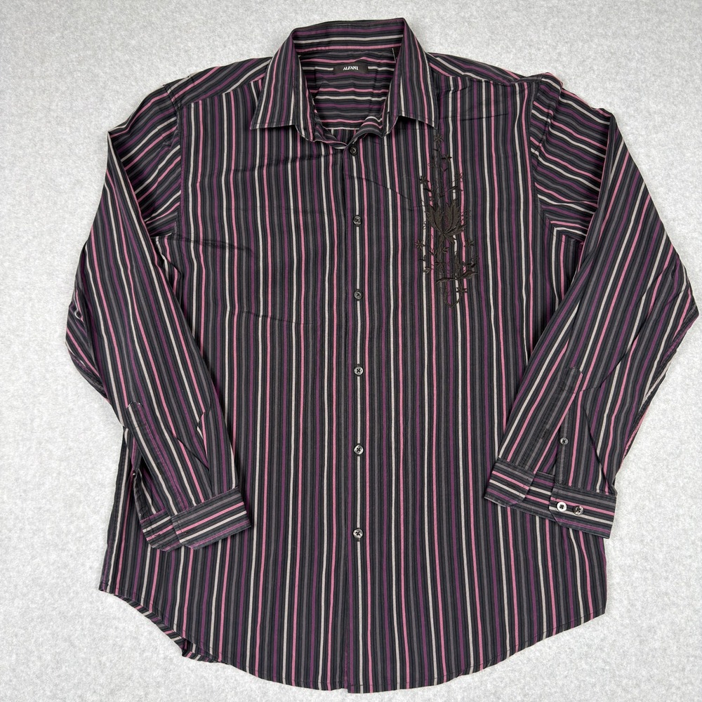 Alfani Mens L Button Down Shirt Black Purple Striped Embroidered Y2K Grunge Goth
